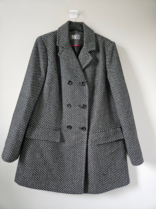 BHS Black & White Textured Wool-Blend Double-Breasted Coat – Size 16