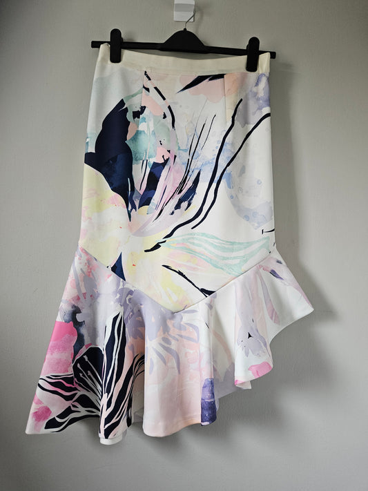 Coast Watercolour Floral Asymmetric Midi Skirt – Size 12