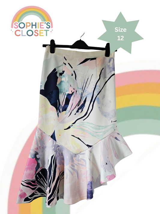 Coast Watercolour Floral Asymmetric Midi Skirt – Size 12