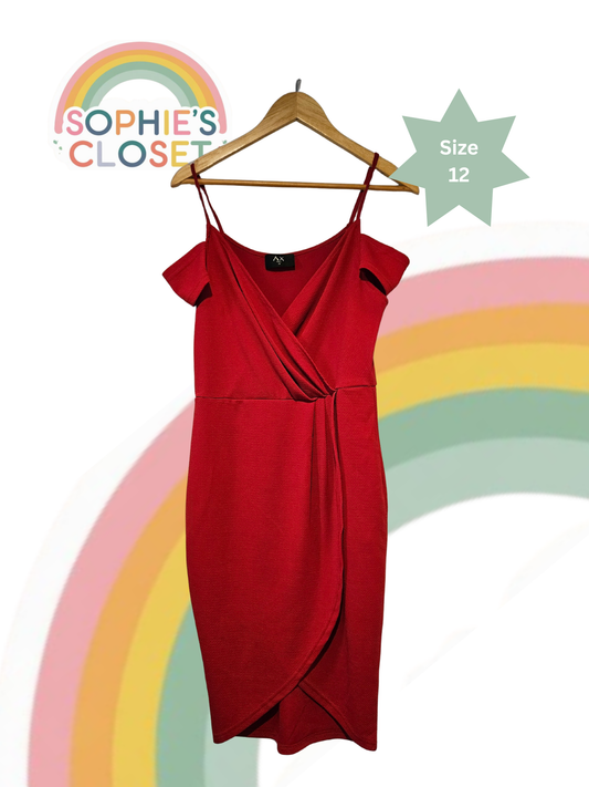 AX Paris Red Cold-Shoulder Wrap Dress – Size 12