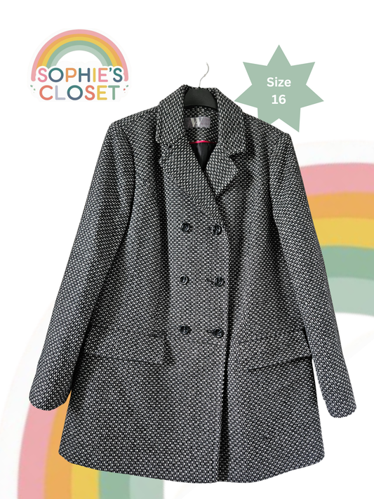 BHS Black & White Textured Wool-Blend Double-Breasted Coat – Size 16