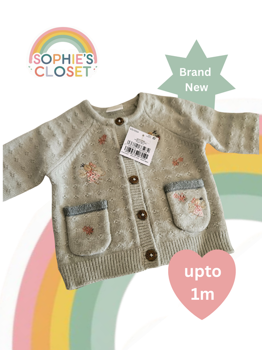 Next Baby Knitted Cardigan – Sage Green with Floral Embroidery (New with Tags) - upto 1m