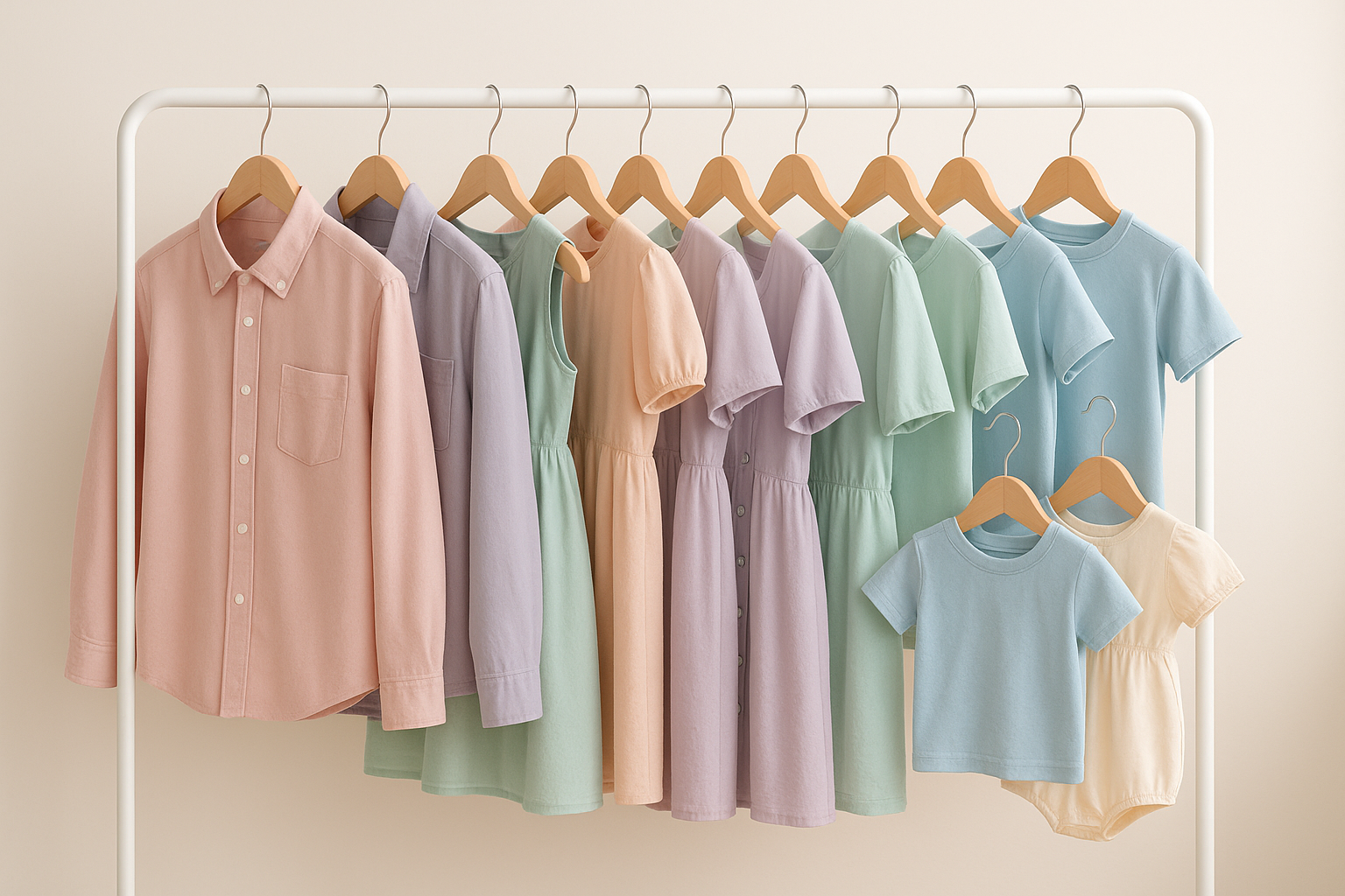 I'm looking to apparel hanging up in pastel tones, with a range of mens, ladies and children clothing on it